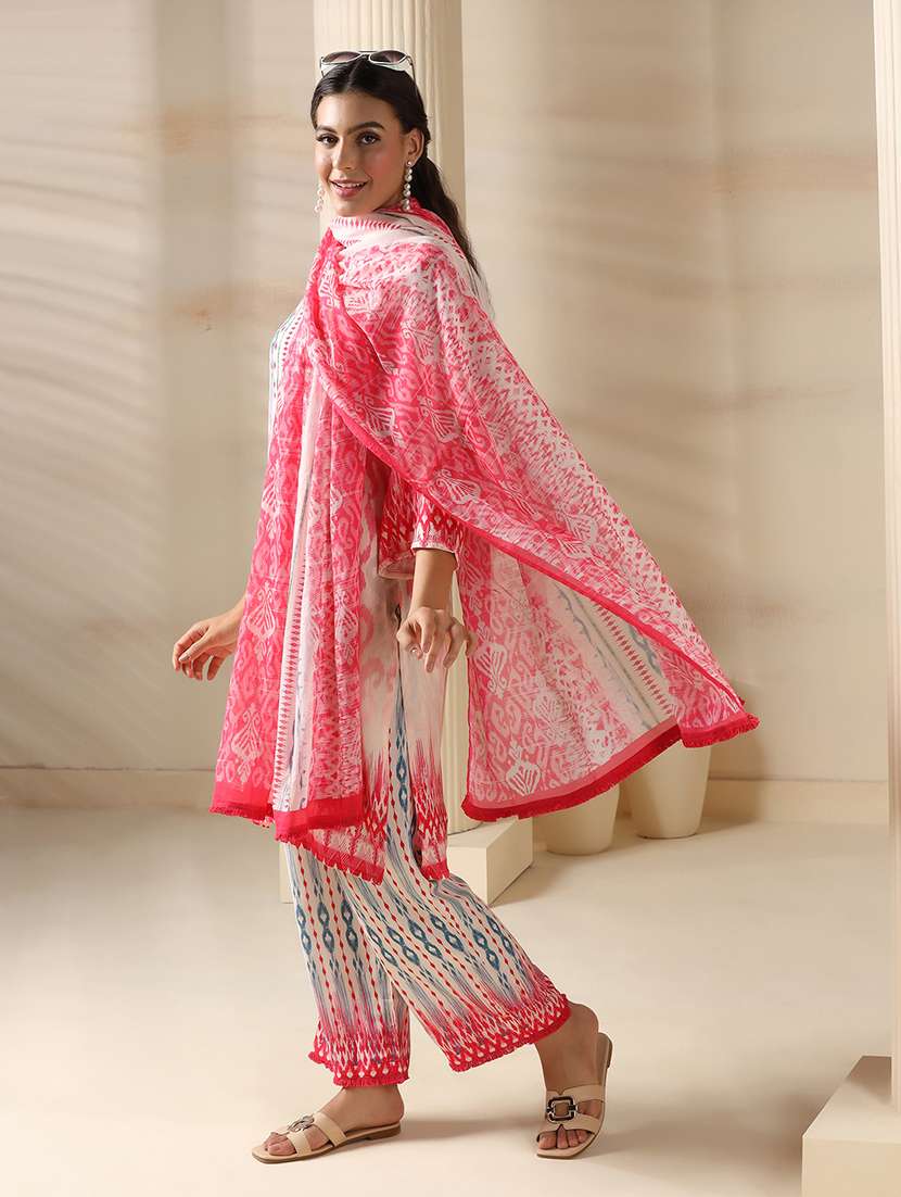 women ikat printed three quarter sleeve kurta pant with dupatta set - 22161068 -  Standard Image - 1