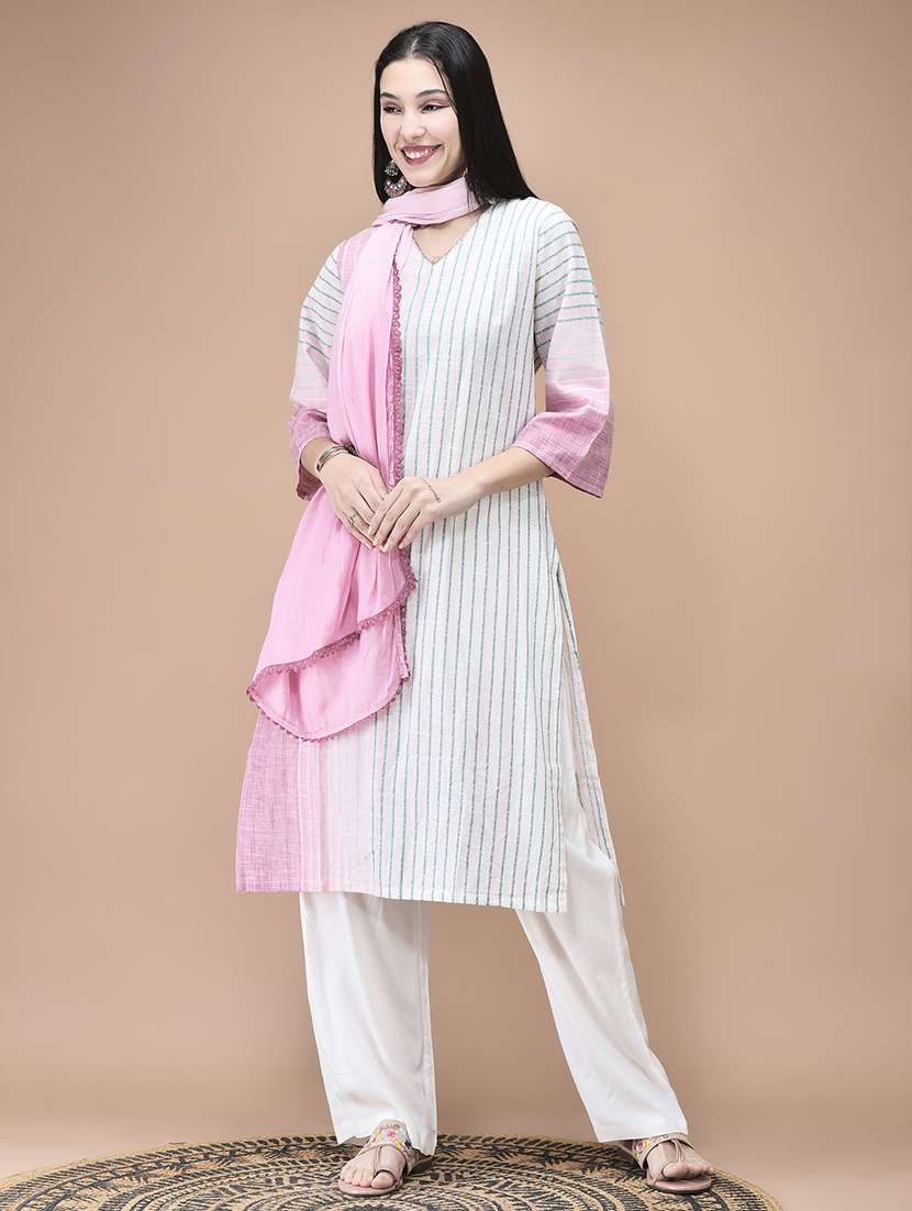 women striped three quarter sleeve kurta pant with dupatta set - 22161069 -  Standard Image - 1