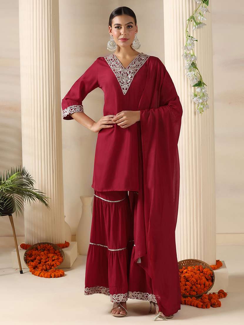 women embroidered three quarter sleeve kurta sharara with dupatta set