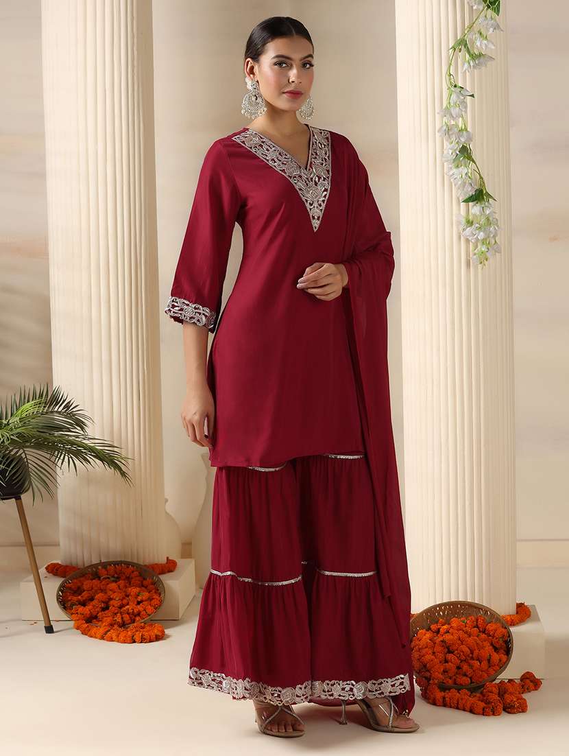 women embroidered three quarter sleeve kurta sharara with dupatta set - 22161072 -  Standard Image - 1