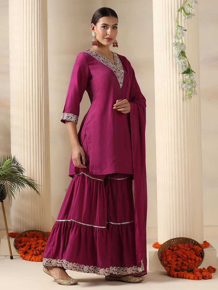 women embroidered three quarter sleeve kurta sharara with dupatta set