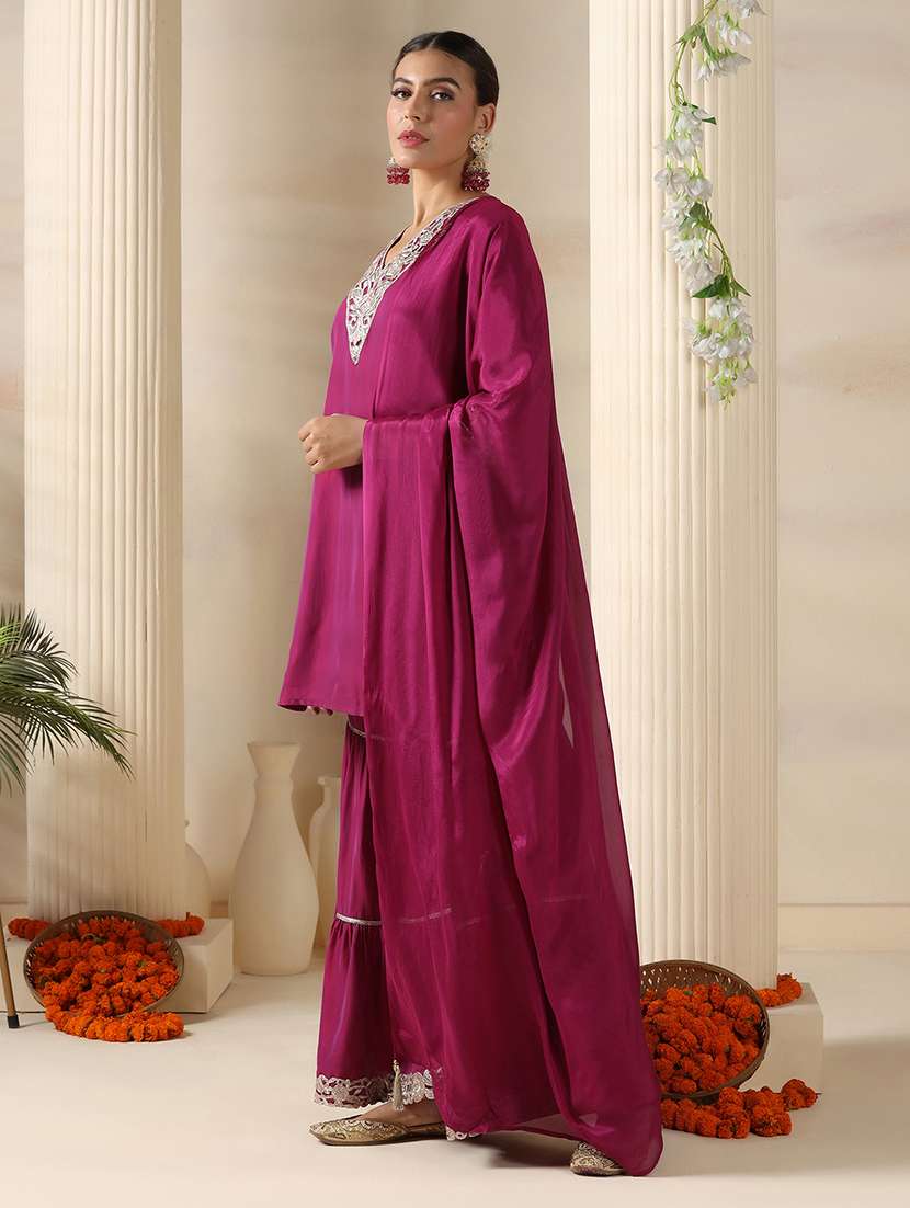 women embroidered three quarter sleeve kurta sharara with dupatta set - 22161073 -  Standard Image - 1