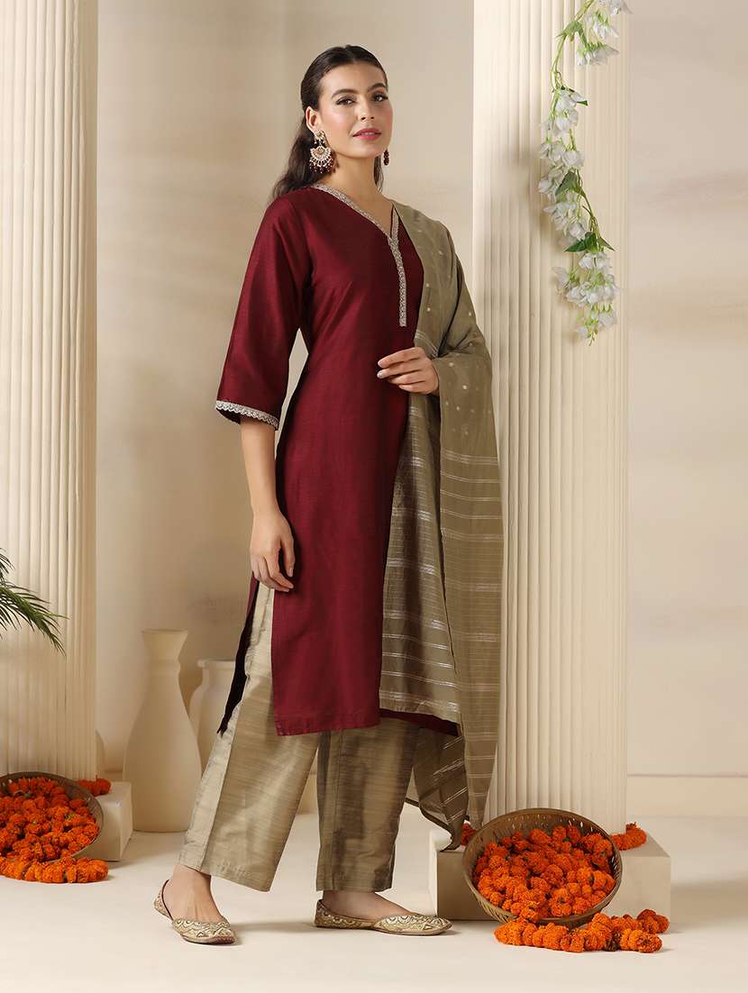 women solid with work three quarter sleeve kurta pant with dupatta set - 22161075 -  Standard Image - 1