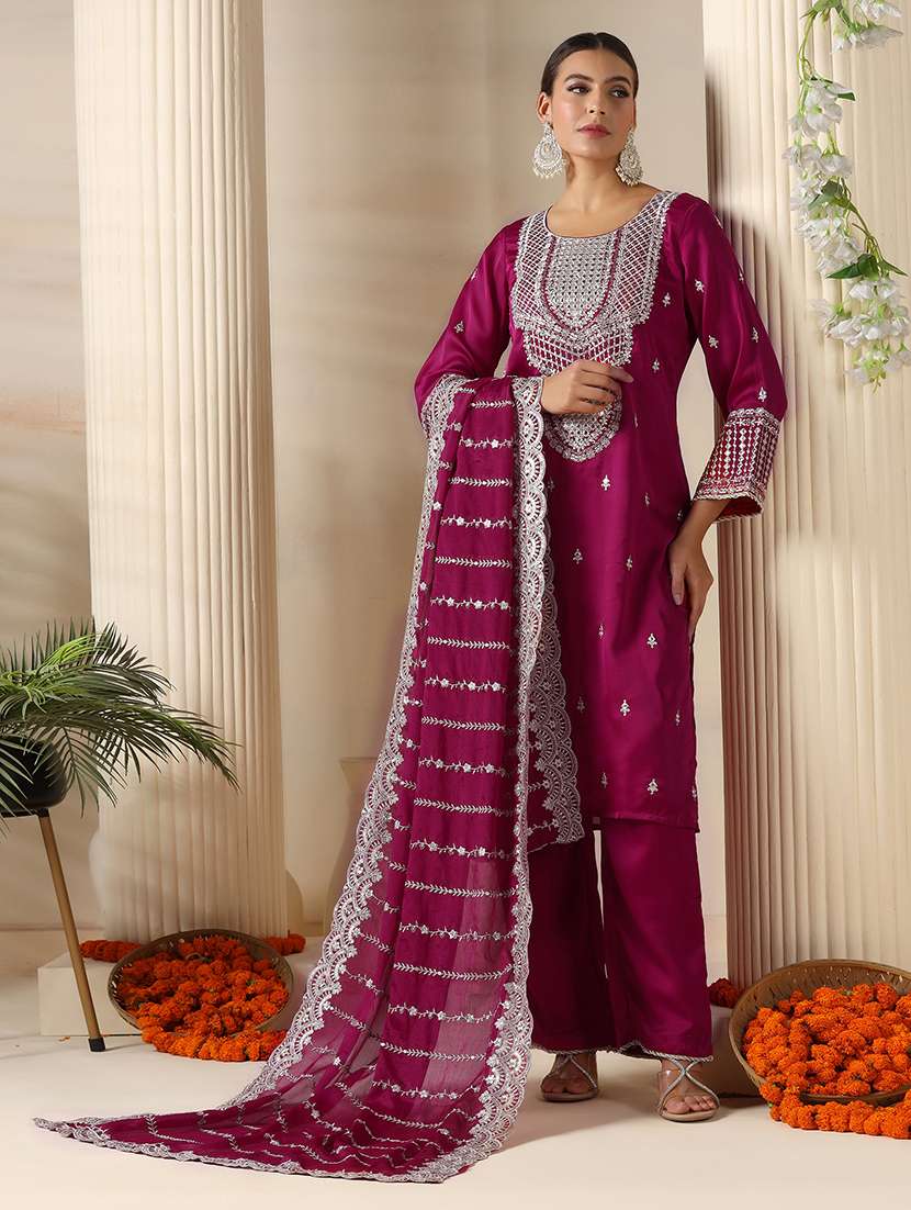 women embroidered long sleeve kurta pant with dupatta set