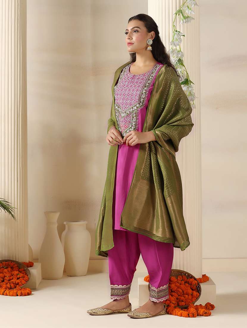 women embroidered three quarter sleeve kurta salwar with dupatta set - 22161077 -  Standard Image - 1
