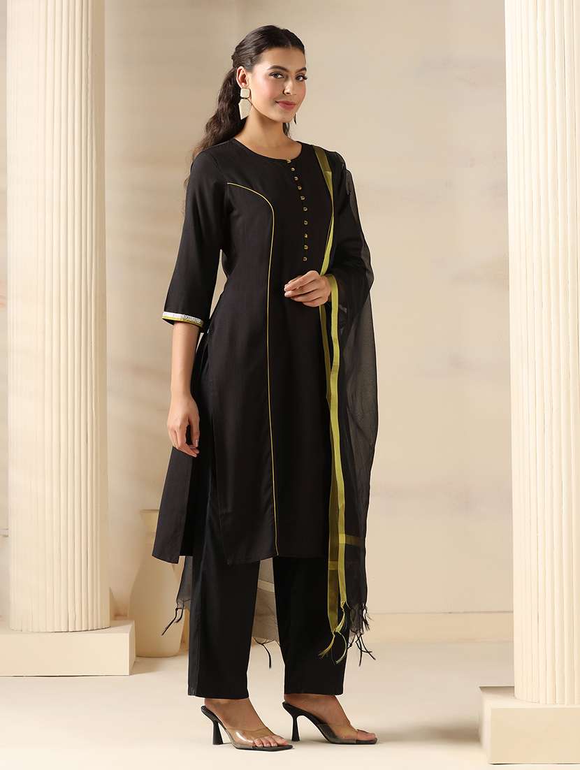 women solid three quarter sleeve kurta pant with dupatta set - 22161081 -  Standard Image - 1