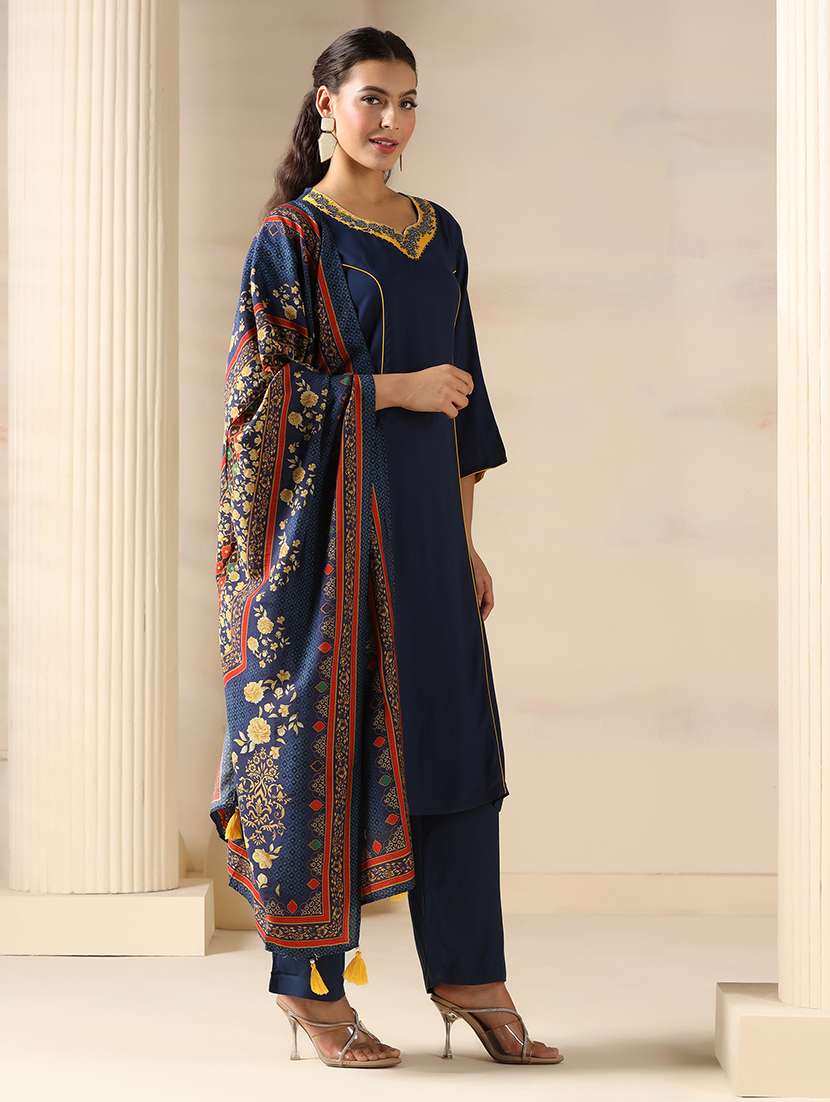 women solid three quarter sleeve kurta pant with dupatta set - 22161083 -  Standard Image - 1