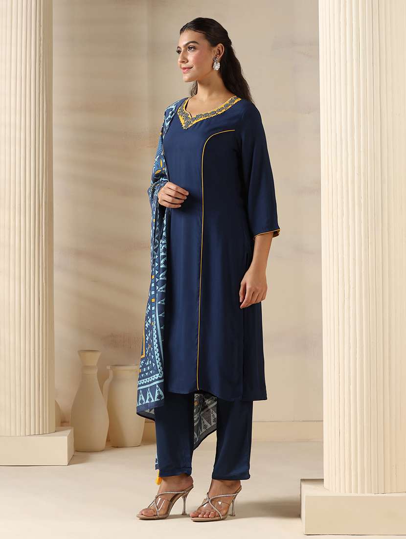 women embroidered three quarter sleeve kurta pant with dupatta set - 22161084 -  Standard Image - 1