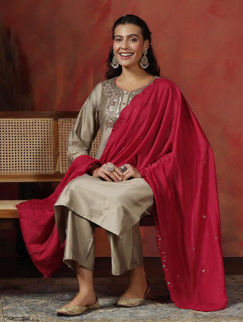 women embroidered three quarter sleeve kurta pant with dupatta set - 22161086 -  Standard Image - 4