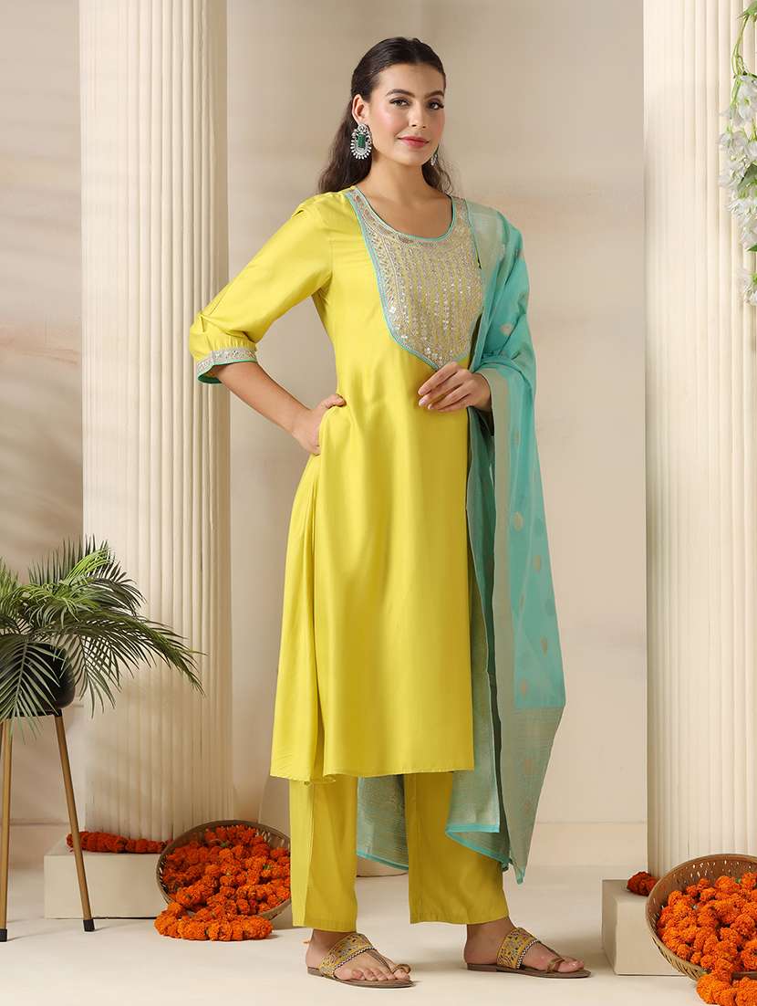 women embroidered three quarter sleeve kurta pant with dupatta set - 22161088 -  Standard Image - 1