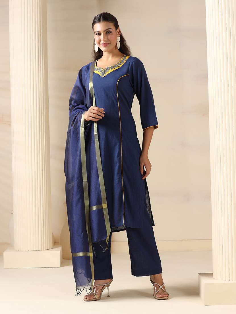 women embroidered three quarter sleeve kurta pant with dupatta set - 22161089 -  Standard Image - 1