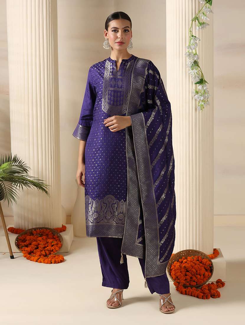 women self design three quarter sleeve kurta pant with dupatta set