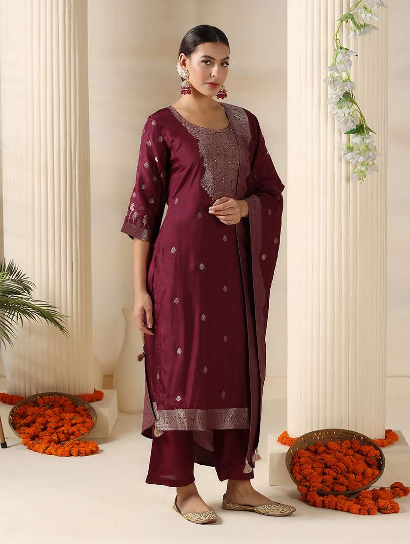 women self design three quarter sleeve kurta pant with dupatta set - 22161092 -  Standard Image - 1