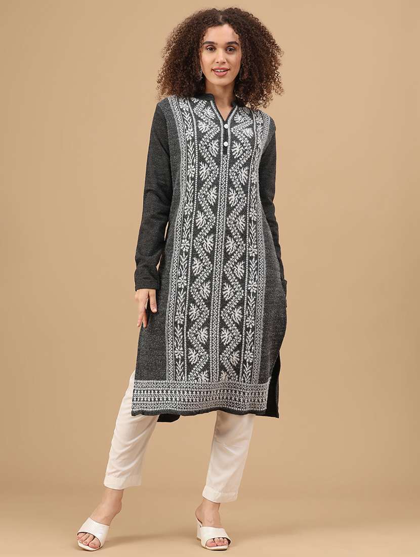 women self design long sleeve woolen kurta - 22161489 -  Standard Image - 1