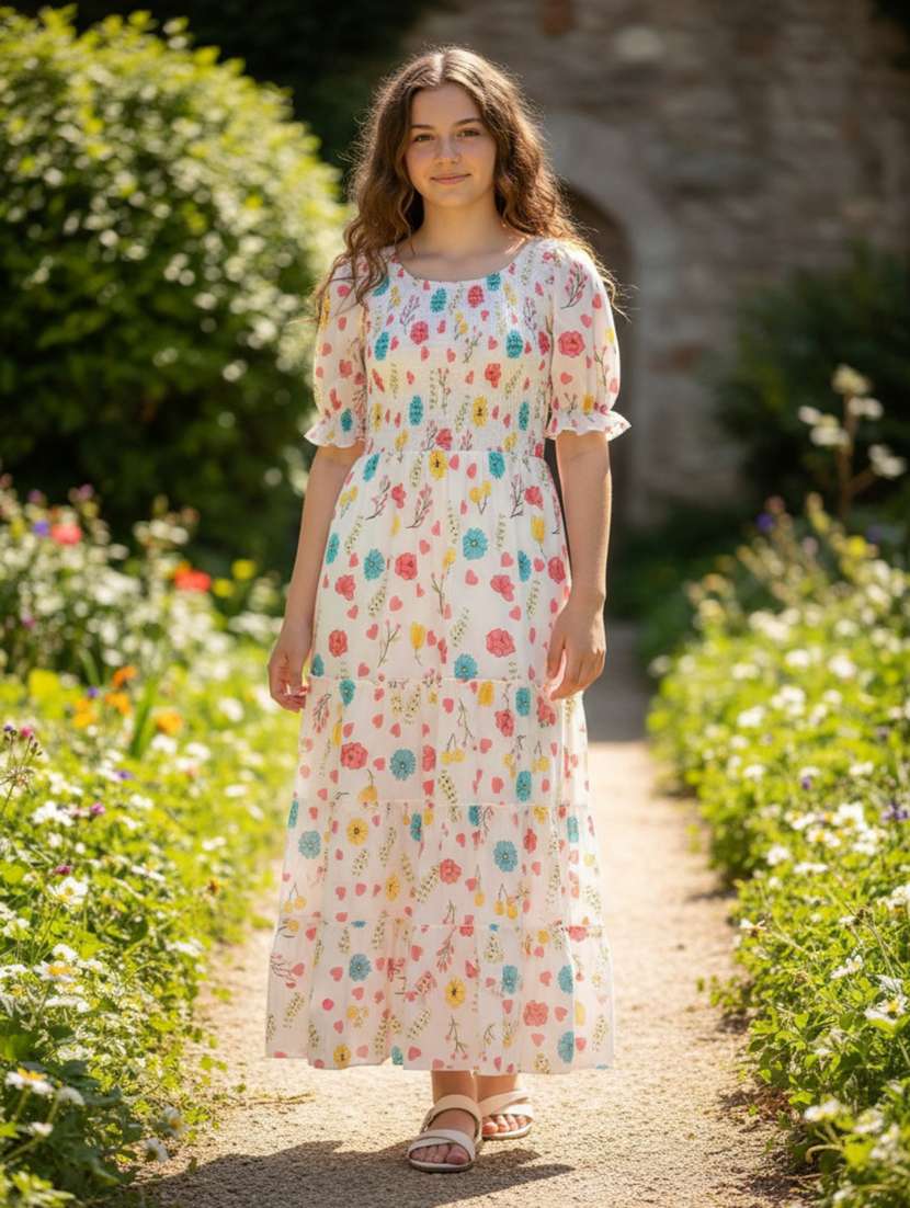 girls floral print puff sleeve tiered dress - 22161535 -  Standard Image - 1