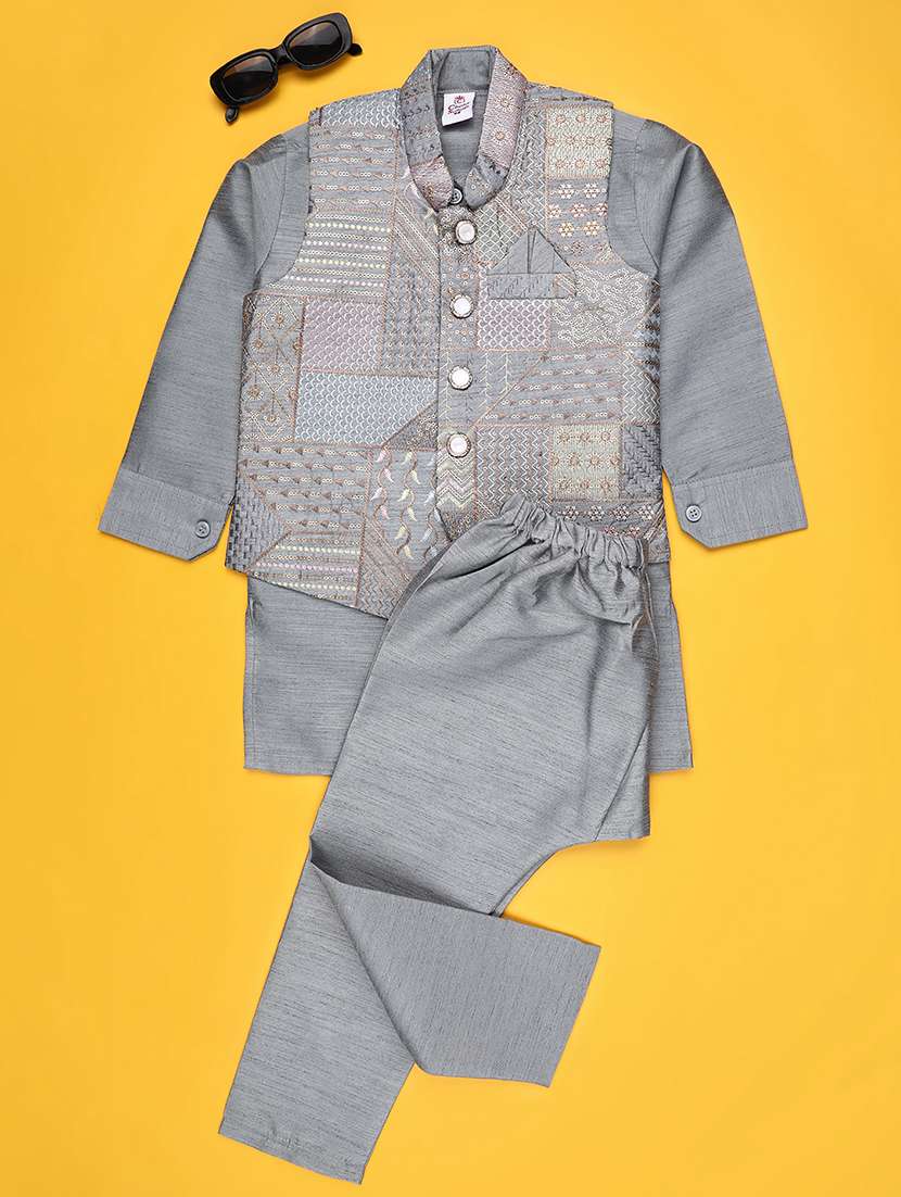 boys solid with work mandarin neck kurta set - 22161540 -  Standard Image - 1
