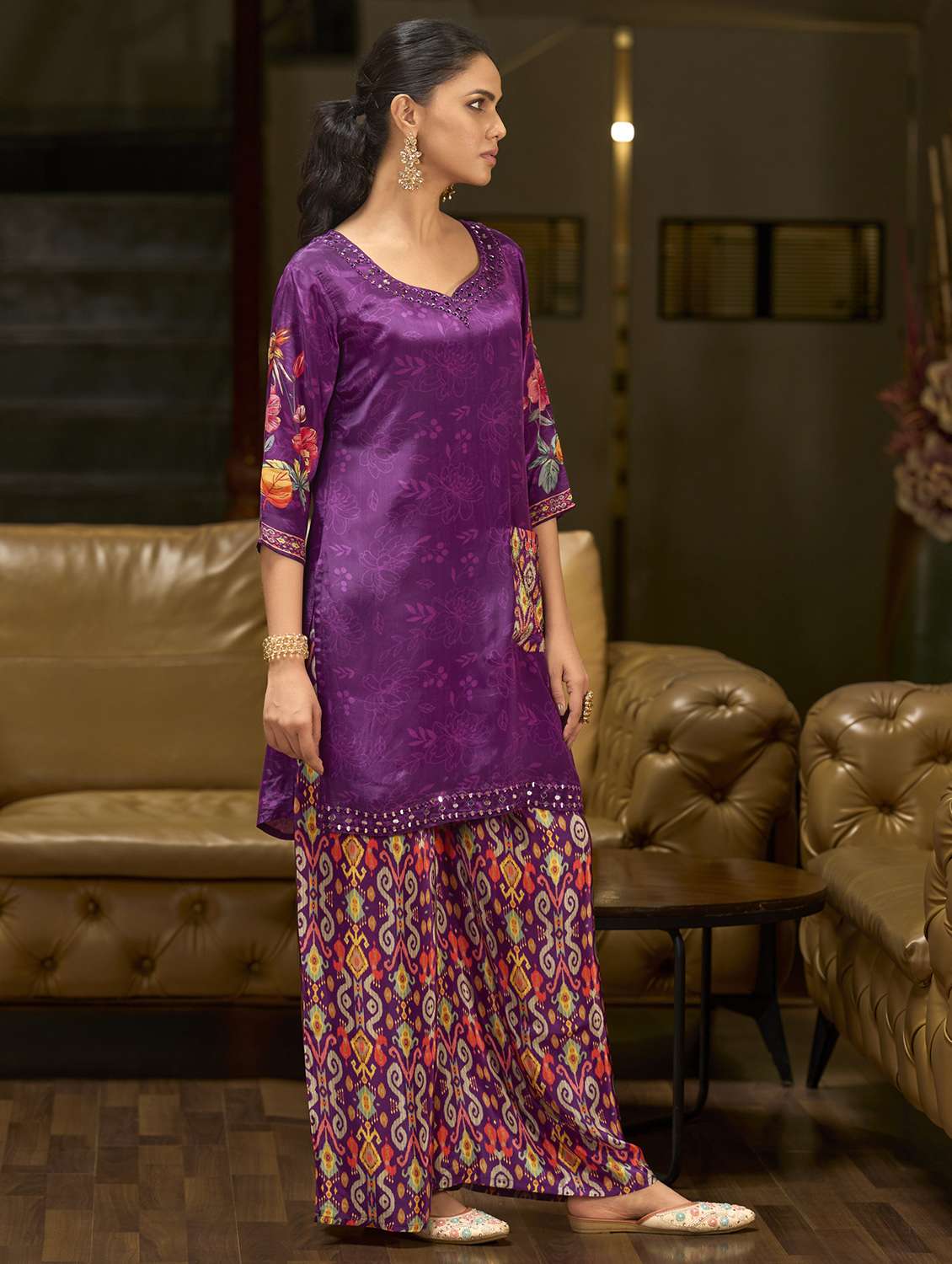 women printed three quarter sleeve co-ord set - 22162263 -  Standard Image - 1