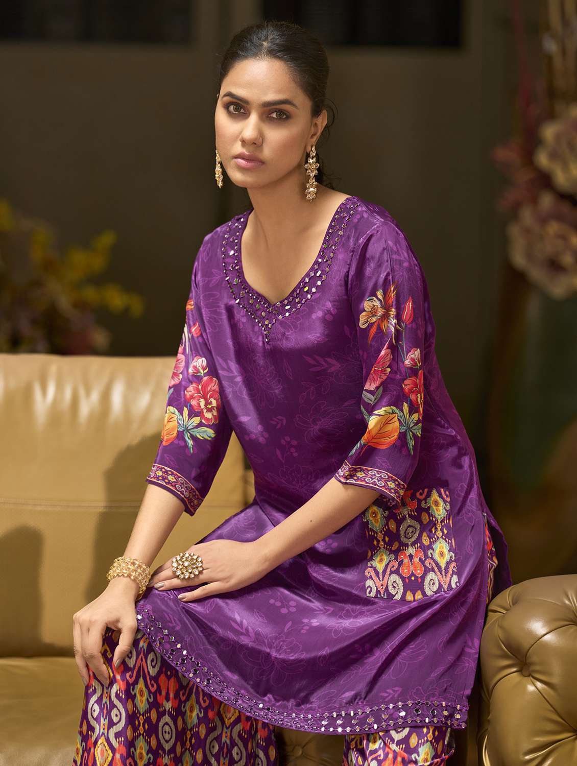women printed three quarter sleeve co-ord set - 22162263 -  Standard Image - 4