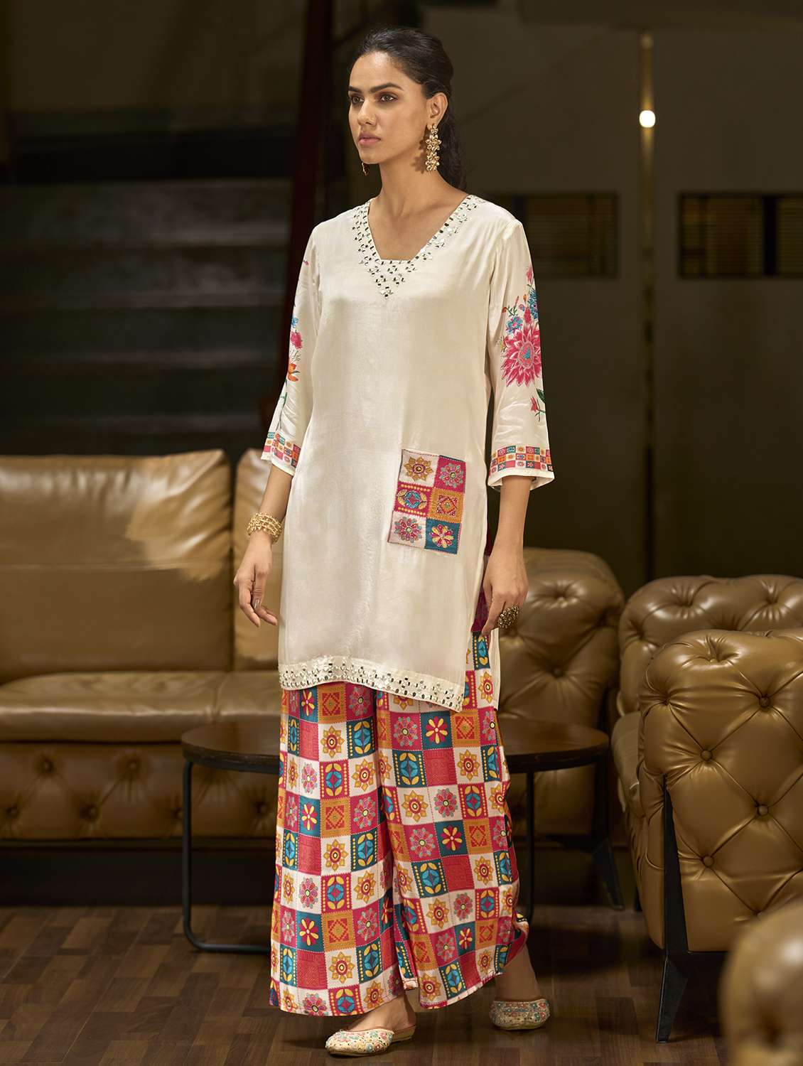 women printed three quarter sleeve co-ord set