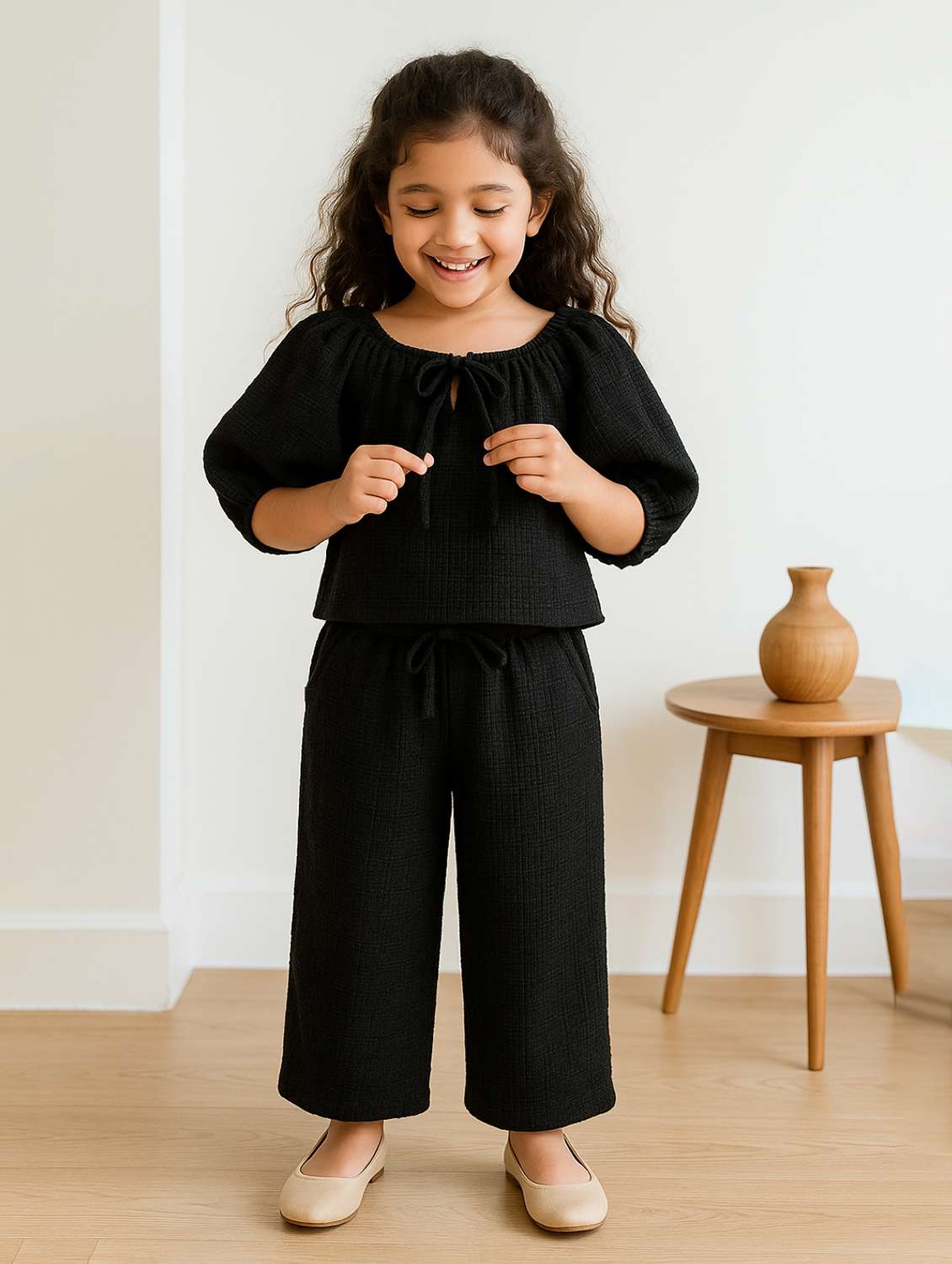 girls solid trouser & top co-ord set - 22162504 -  Standard Image - 1