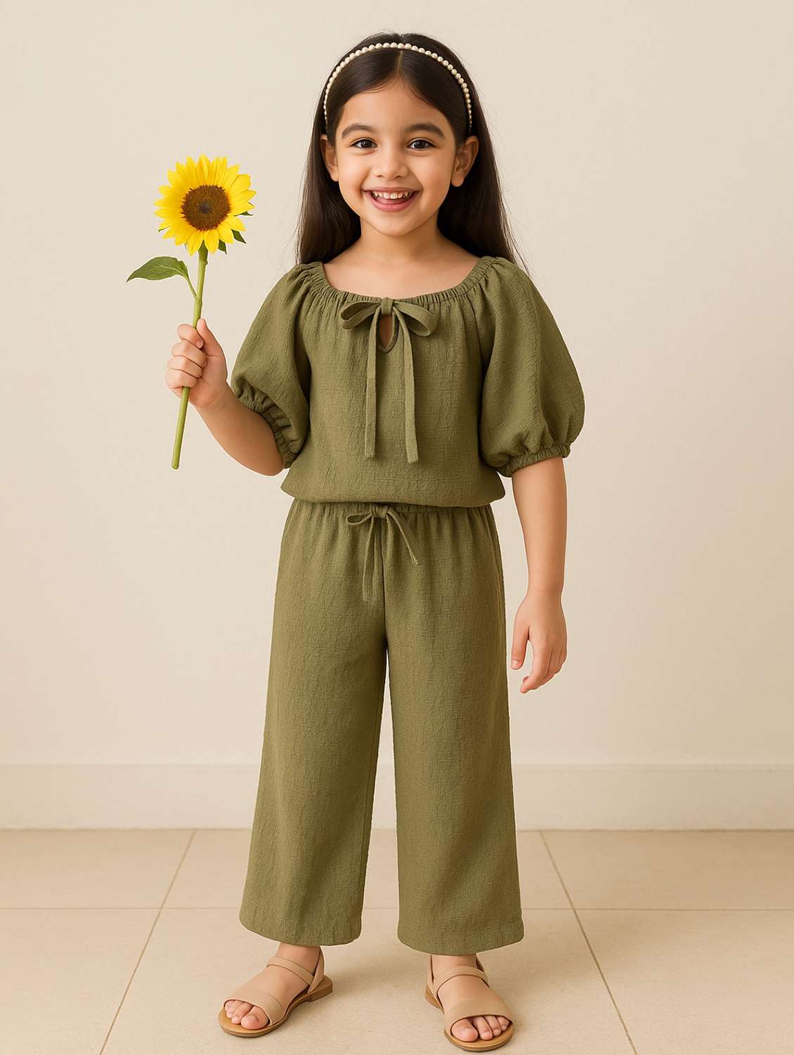 girls solid trouser & top co-ord set - 22162506 -  Standard Image - 1