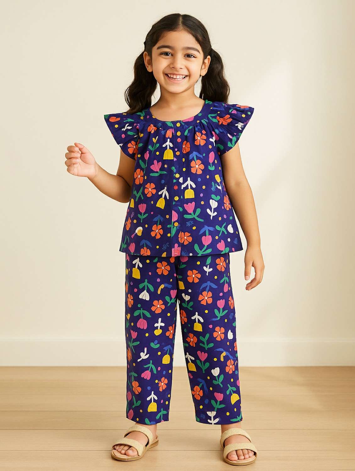 Navy Blue Cotton Top & Trouser Coord Set - 22162545 -  Standard Image - 1