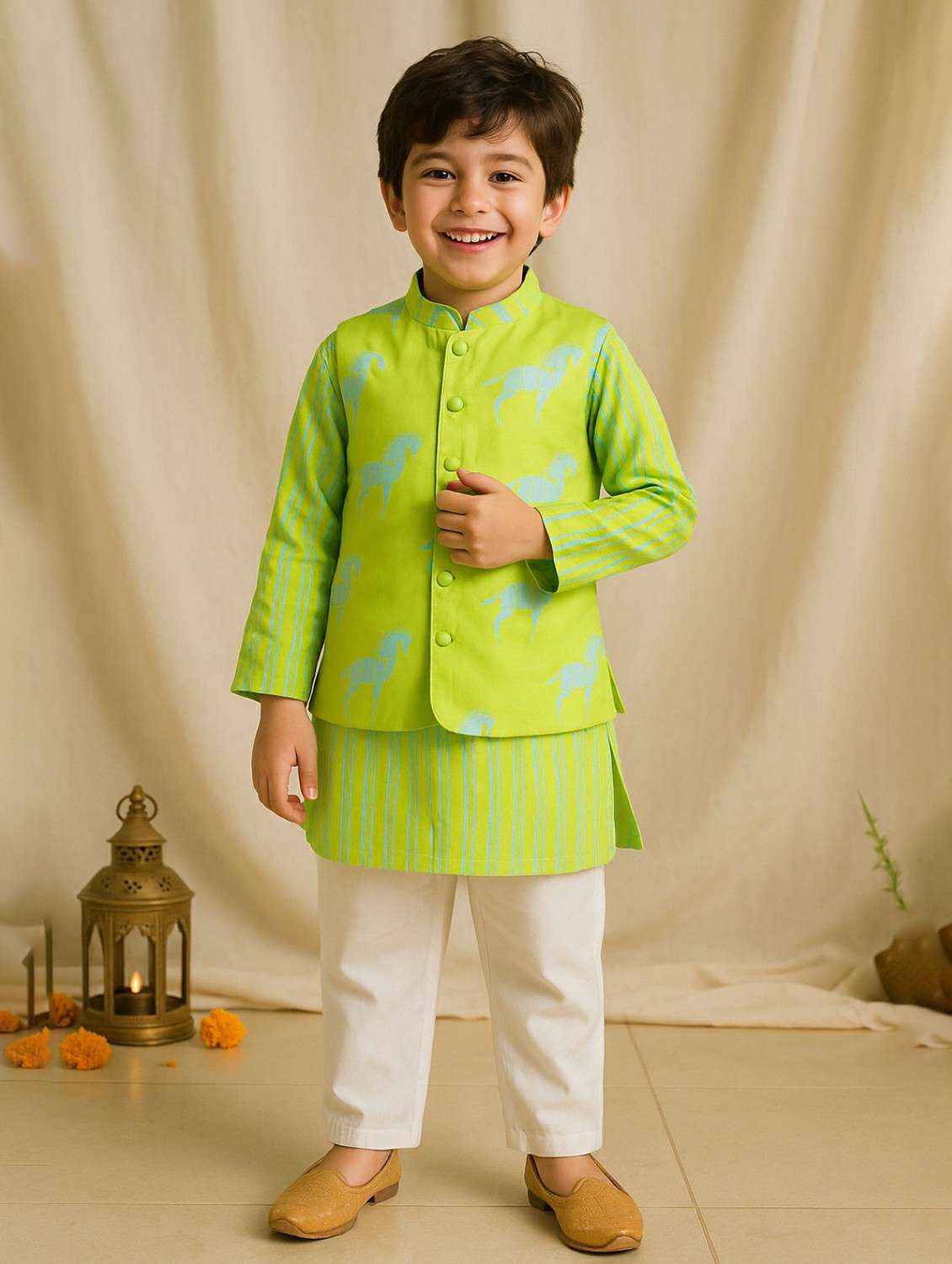 boys printed kurta and pyjama with nehru jacket - 22162548 -  Standard Image - 1