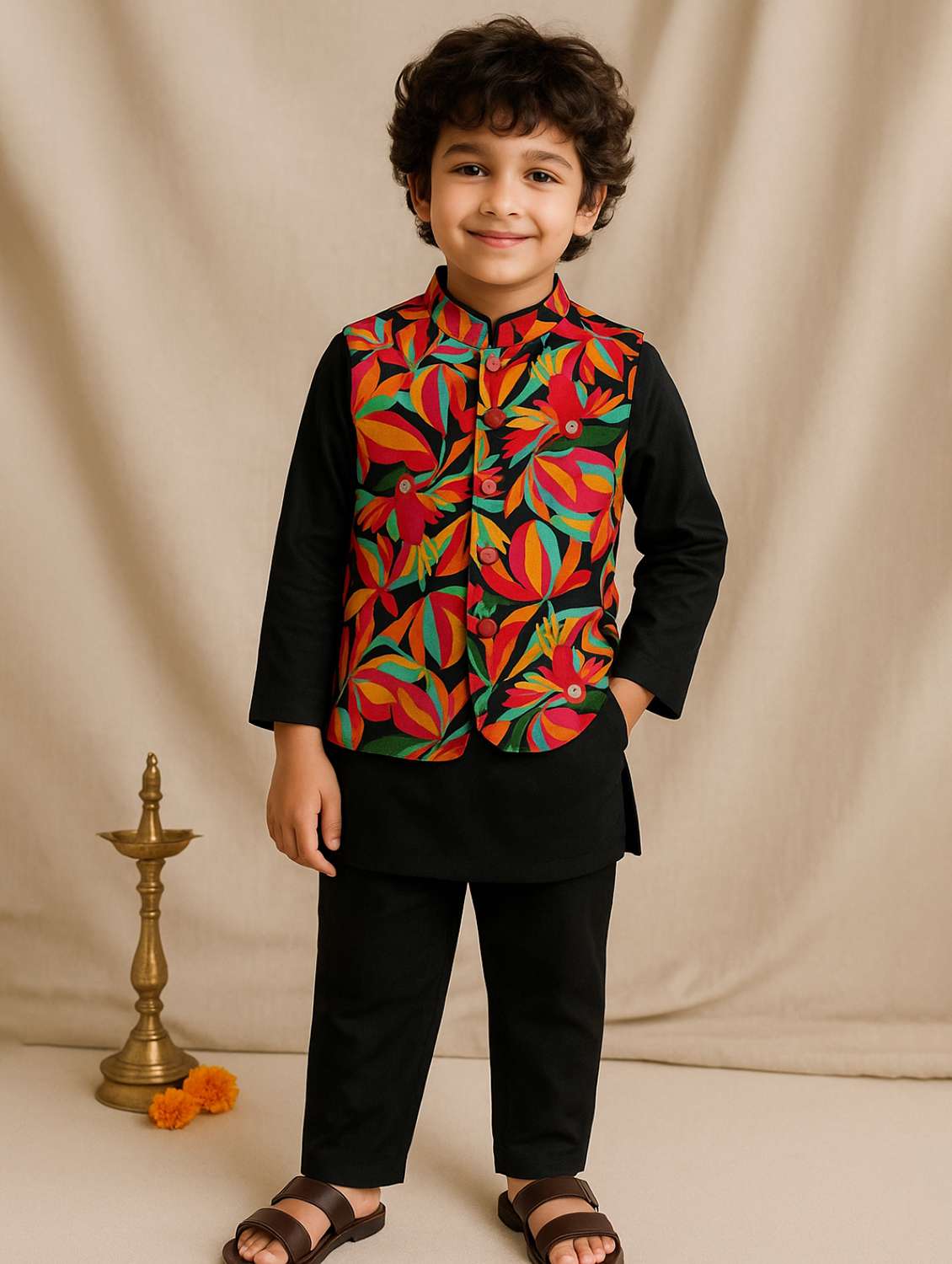 boys solid kurta and pyjama with printed nehru jacket  - 22162549 -  Standard Image - 1