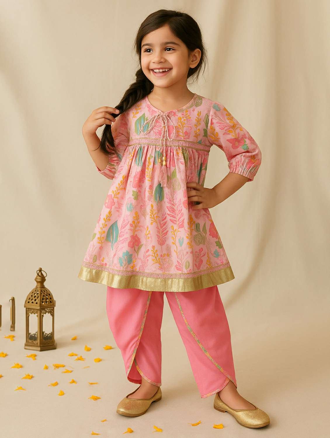 girls printed puff sleeve kurta and dhoti set - 22162550 -  Standard Image - 1