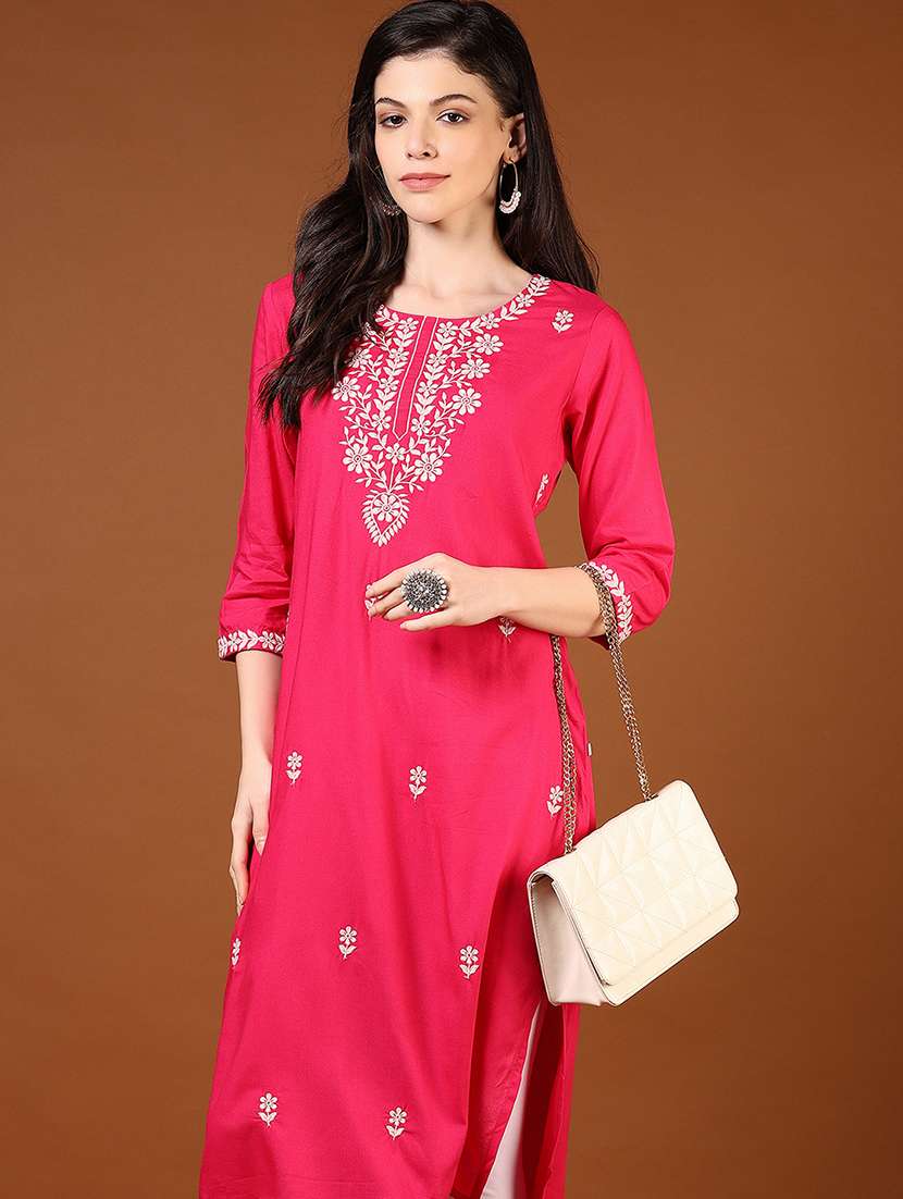 women solid with work three quarter sleeve straight kurta
