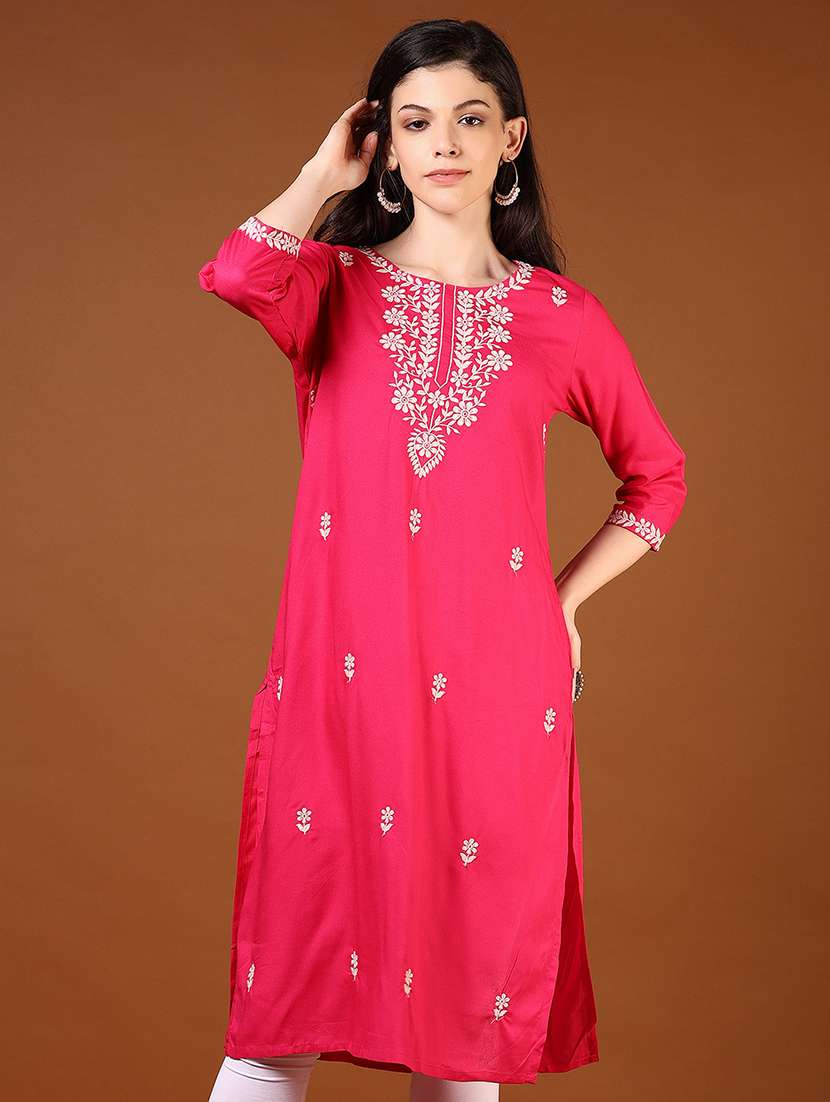 women solid with work three quarter sleeve straight kurta - 22162931 -  Standard Image - 1