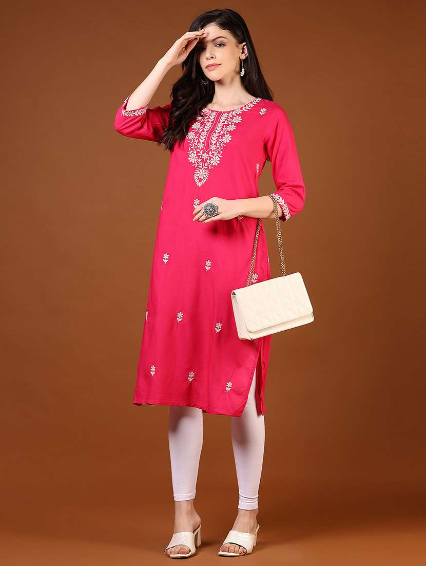 women solid with work three quarter sleeve straight kurta - 22162931 -  Standard Image - 4