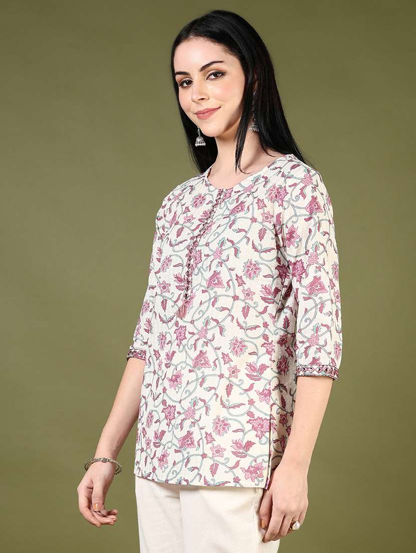 women floral printed three quarter sleeve straight kurti - 22163102 -  Standard Image - 1