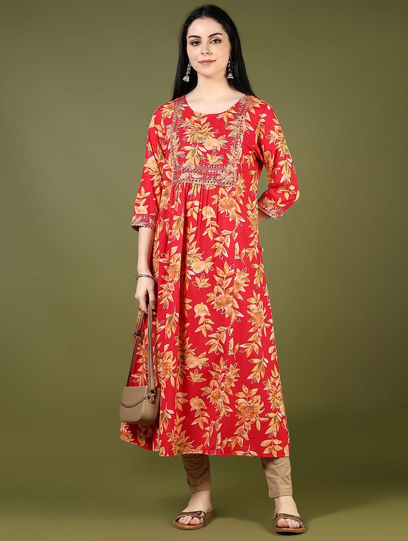women floral printed three quarter sleeve a-line kurta
