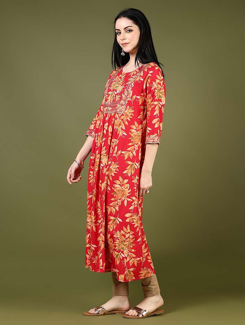 women floral printed three quarter sleeve a-line kurta - 22163119 -  Standard Image - 1