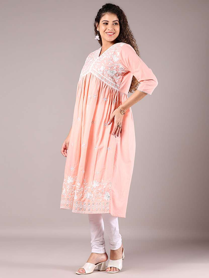 women embroidered printed three quarter sleeve a-line kurta - 22163120 -  Standard Image - 1