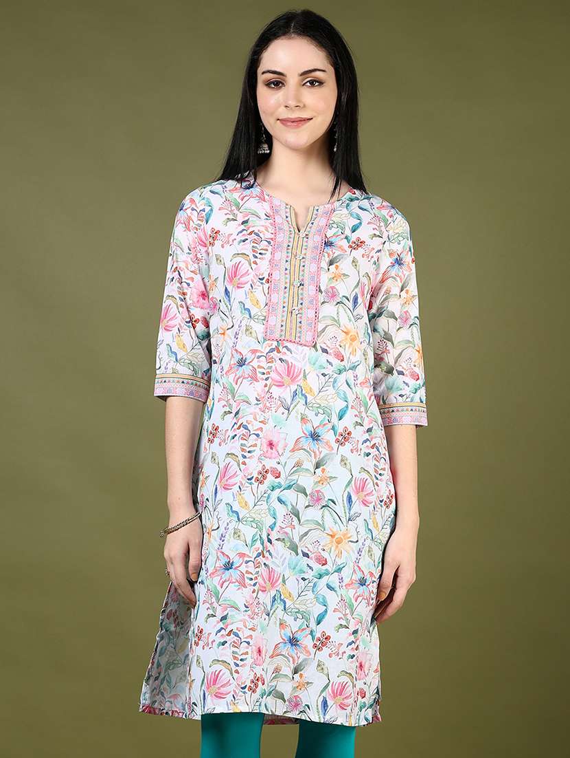 women floral printed three quarter sleeve straight kurta