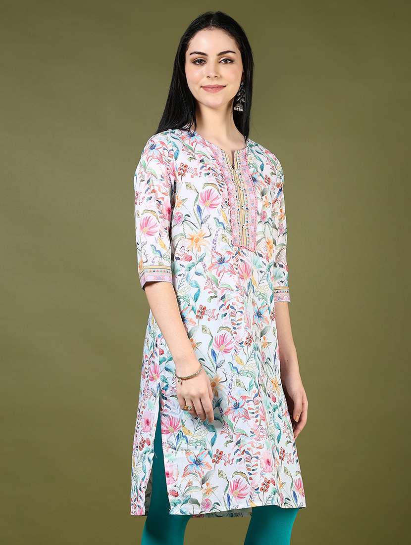 women floral printed three quarter sleeve straight kurta - 22163121 -  Standard Image - 1