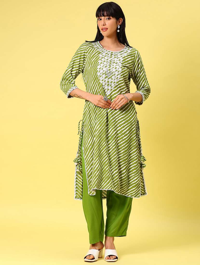 women leheriya three quarter sleeve kurta pant set - 22163269 -  Standard Image - 1