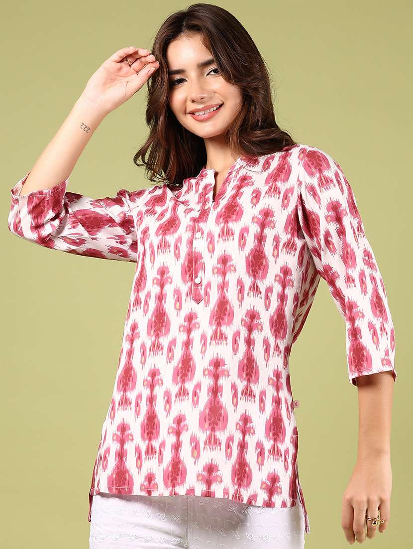 women ikat printed three quarter sleeve straight kurti - 22163281 -  Standard Image - 1