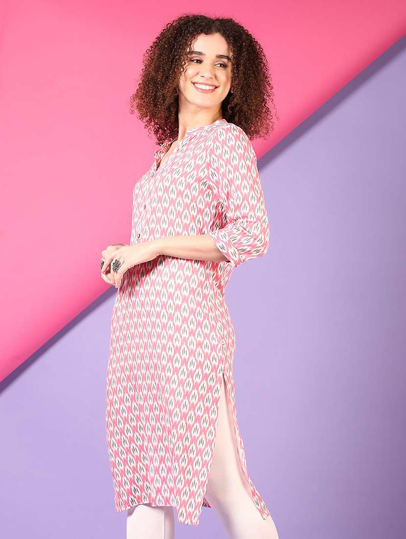 women ikat printed three quarter sleeve straight kurta - 22163293 -  Standard Image - 1