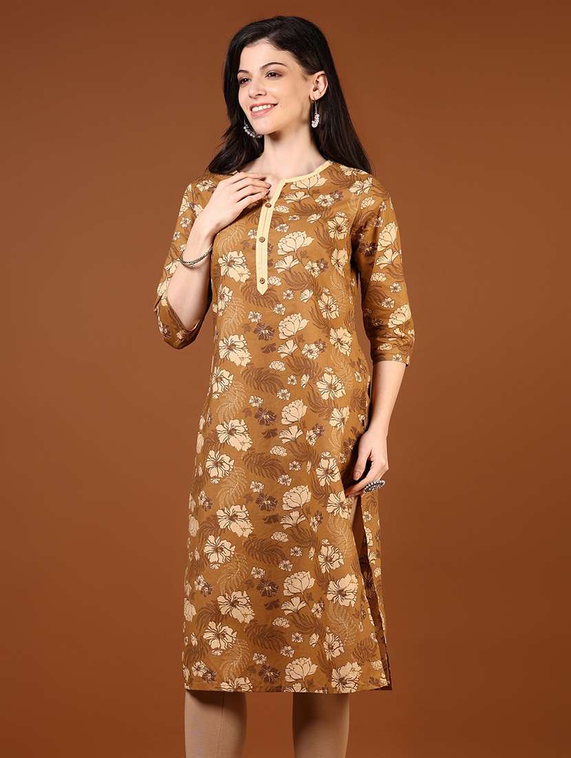 women floral printed three quarter sleeve straight kurta - 22163295 -  Standard Image - 1