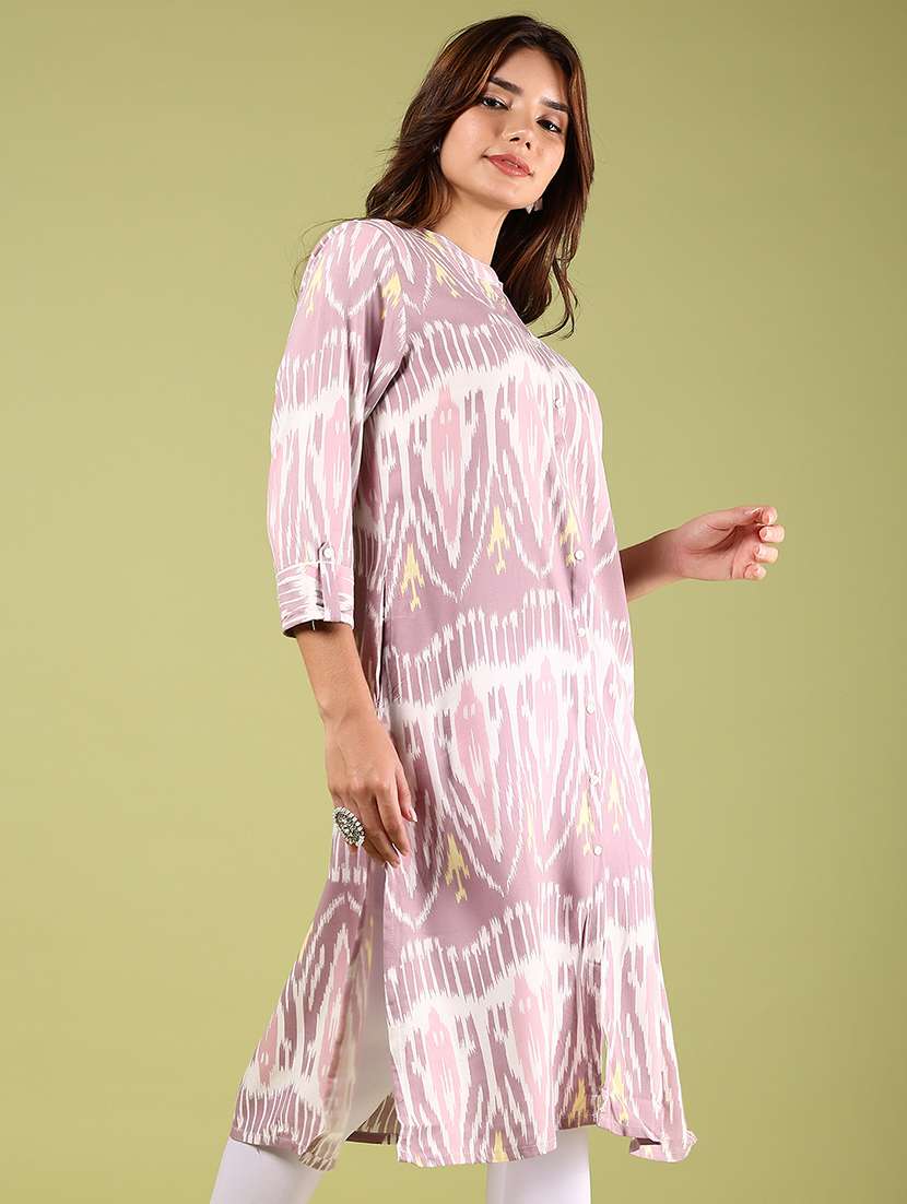 women ikat printed three quarter sleeve straight kurta - 22163296 -  Standard Image - 1