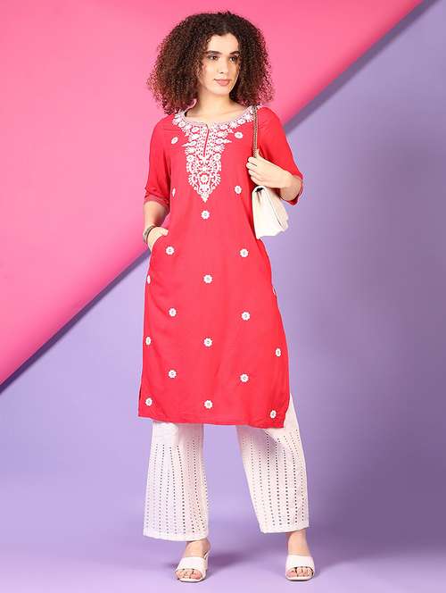 women solid with work three quarter sleeve straight kurta - 22163615 -  Standard Image - 0