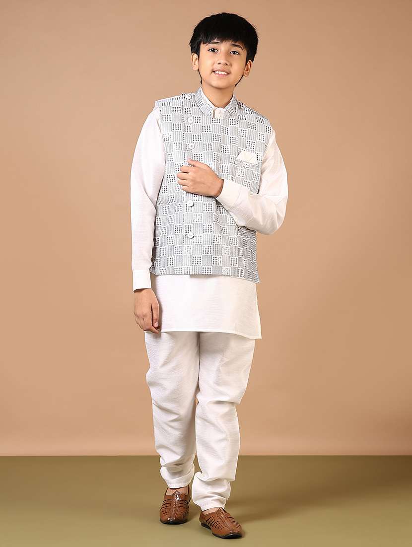 boys embroidered kurta and pyjama set with jacket