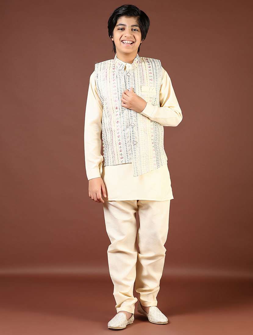 boys embroidered kurta and pyjama set with jacket - 22163787 -  Standard Image - 1