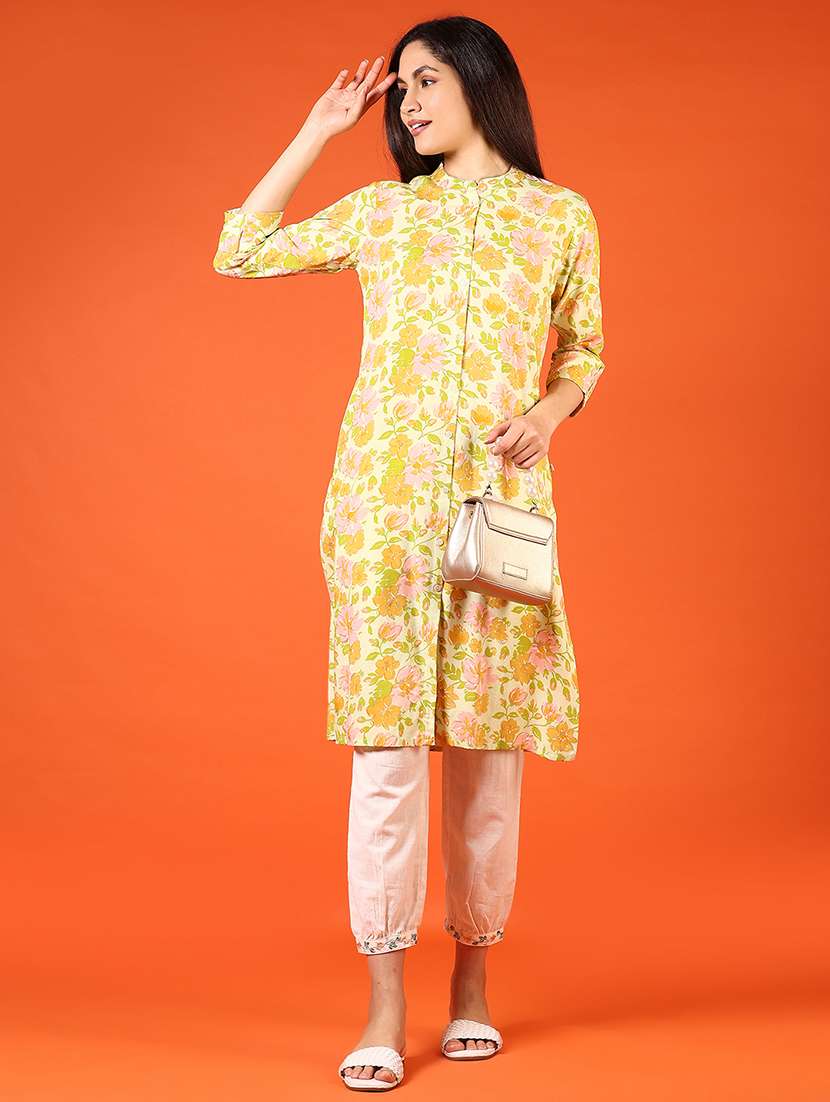 women floral printed three quarter sleeve straight kurta - 22163792 -  Standard Image - 4