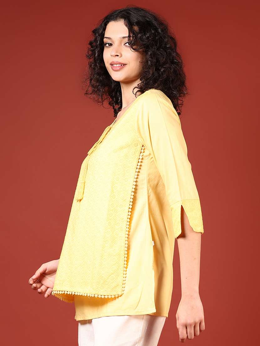 women solid with work three quarter sleeve straight kurti - 22164053 -  Standard Image - 1