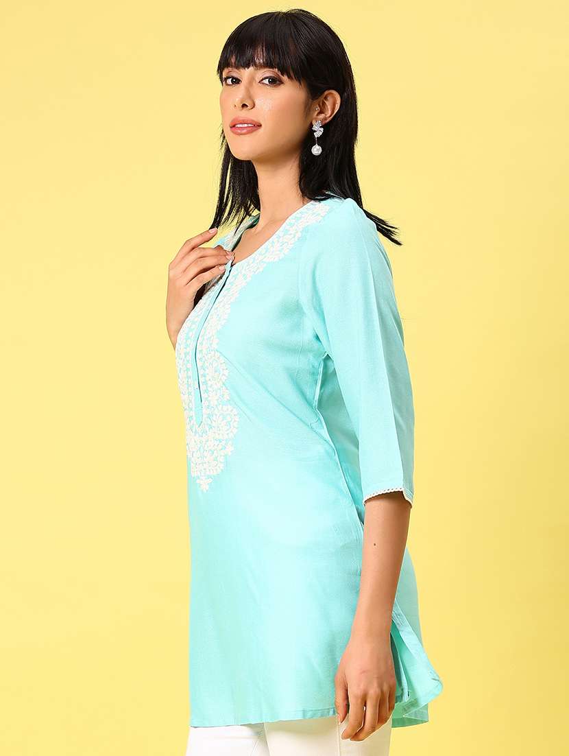 women solid with work three quarter sleeve straight kurti - 22164055 -  Standard Image - 1