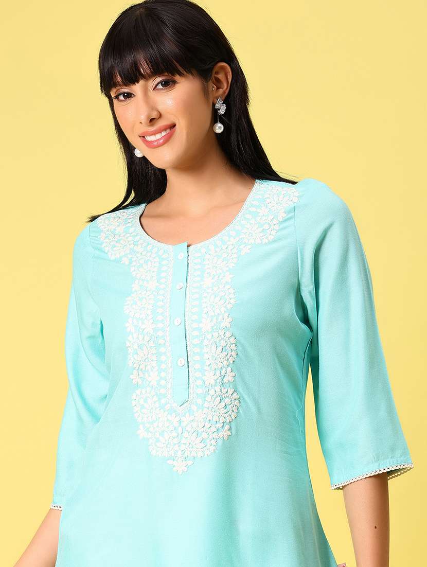 women solid with work three quarter sleeve straight kurti - 22164055 -  Standard Image - 4